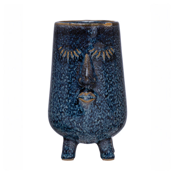 Stoneware Planter with Face, Reactive Glaze