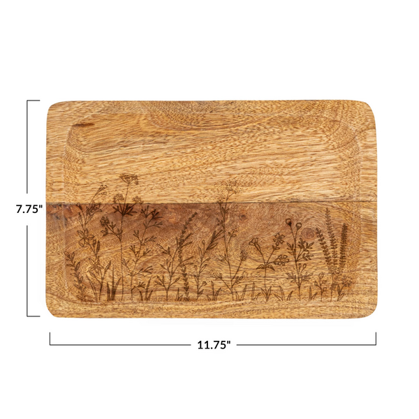Bandeja de madera de mango con botánicos grabados con láser