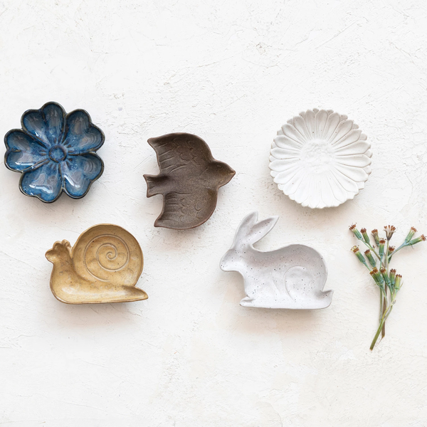 Stoneware Flora/Fauna Dish, Reactive Glaze, 5 Styles.