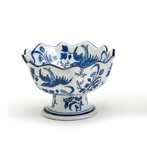 Blue and White Scalloped Edge Hand-Painted Footed Bowl